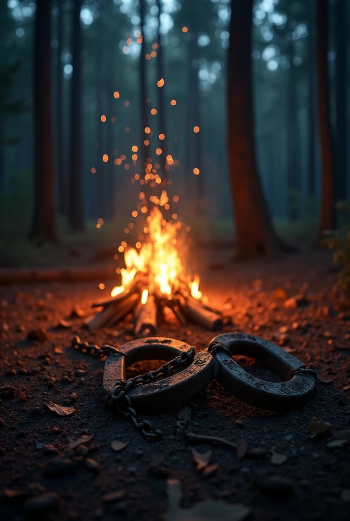 Broken shackles in front of the fire