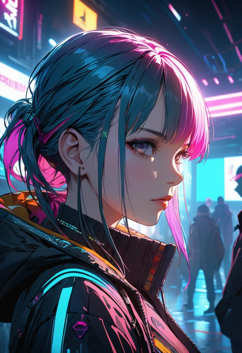 Wearing complex cyberpunk streetwear, beautiful, , Detailed portrait, 4k yen, Bright colors, Concept Art, A dramatic, cinematic atmosphere, Sharp focus, Volumetric lighting, Cinema Lighting, Studio Quality
