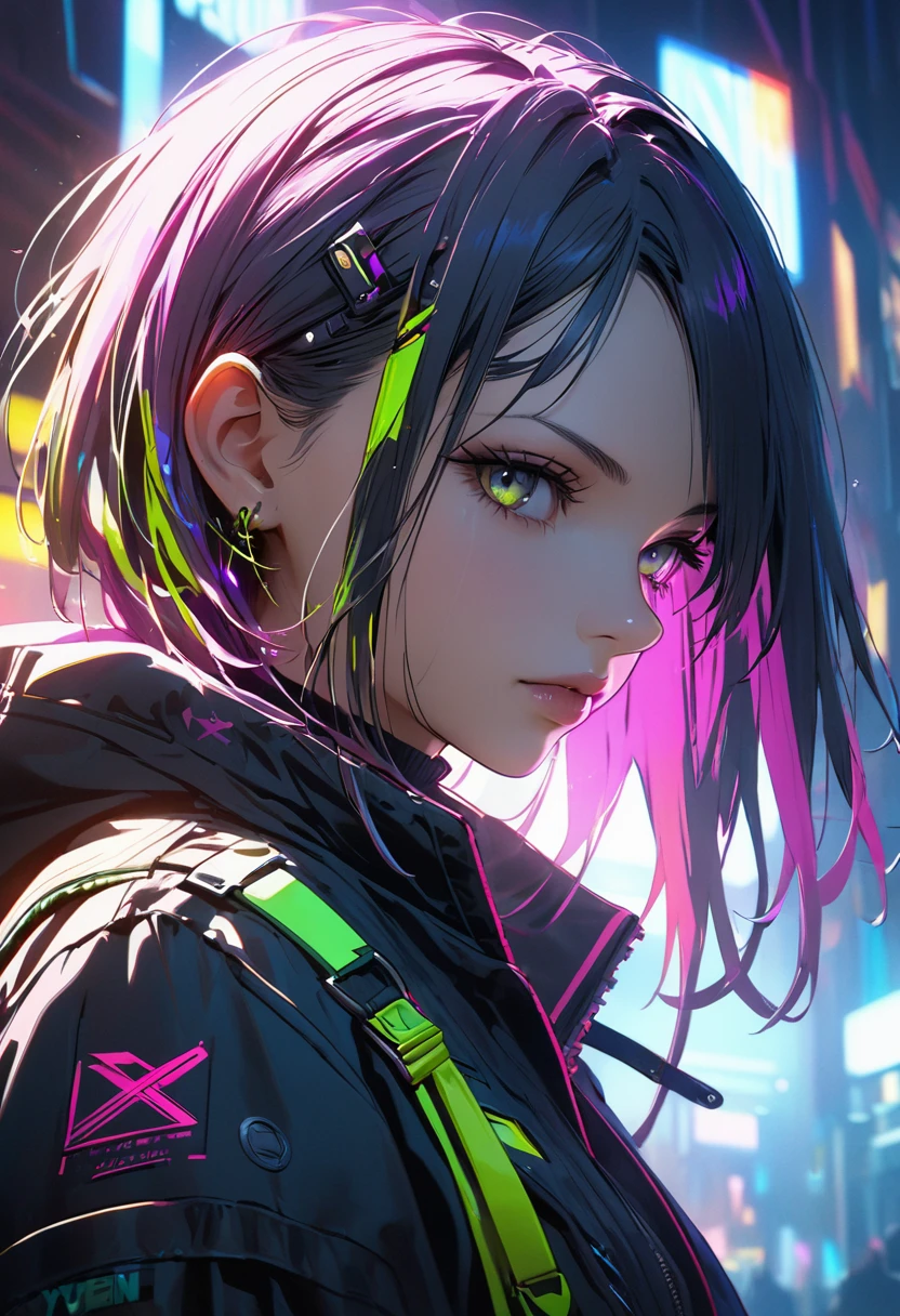 Wearing complex cyberpunk streetwear, beautiful, , Detailed portrait, 4k yen, Bright colors, Concept Art, A dramatic, cinematic atmosphere, Sharp focus, Volumetric lighting, Cinema Lighting, Studio Quality