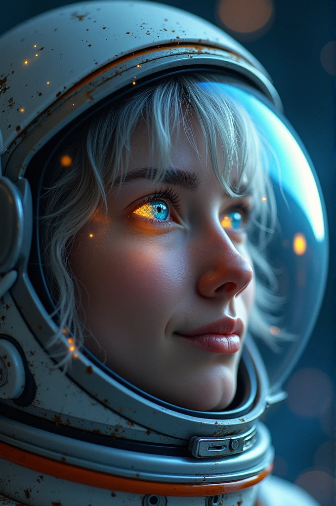 (Close-up of a better masterpiece:1.5)0.9], (Space and astronauts:1.2) (Messy silver hair:1.1) (Heterochromia xanthochromia and blue eyes:1.2) (Space Helmet:1.0) (Colored stars in the eyes:1.0) (A radiant glow:1.1) (thick lips:0.9)