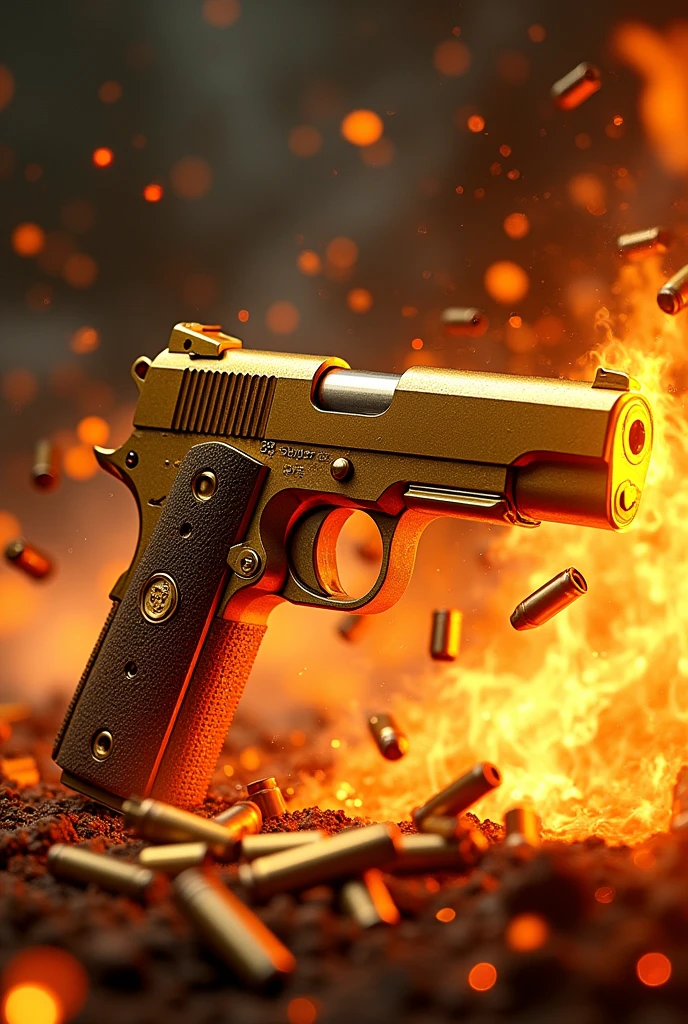A gold 38 super pistol burning in flames of fire with bullets flying