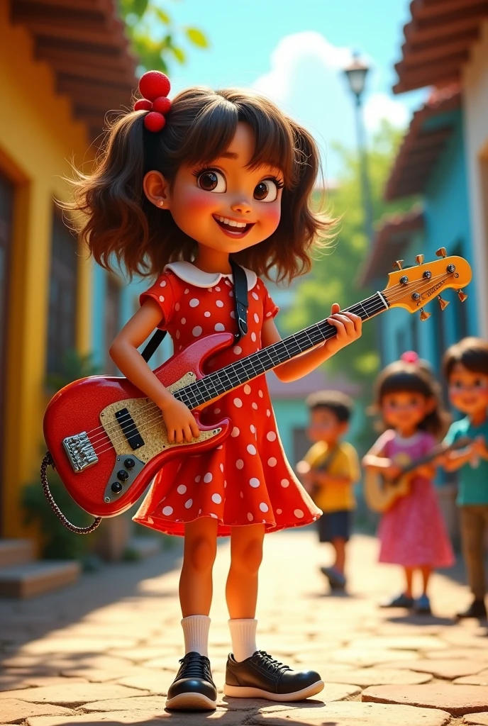 Xiquinha, the character from El Chavo del Ocho, playing the bass