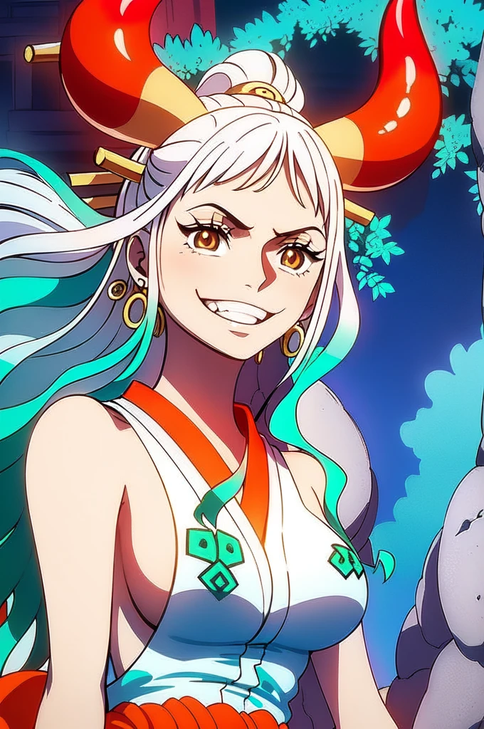 masterpiece, ((ultra detailed background, delicate pattern, intricate detail)), (highly detailed, fine details), best quality,beautiful lighting, (((medium breasts, slim girl, very slim girl))), (close-up, portrait), YamatoV2, long hair, 1girl, horns, white hair, solo, oni, red horns, curled horns, hair ornament, (multicolored horns), jewelry, earrings, japanese clothes, kimono, hair stick, sleeveless, bare shoulders, aqua hair, sidelocks, hoop earrings, hakama, smile, wide smile, ((orange eyes)), complex detailed background, outside, nature environment, rocks, sunny, blue sky, sky,