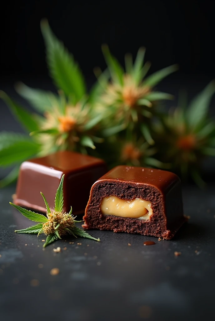 Two homemade traditional square Brawnis with arequipe filling in the middle of each one and next to it a cannabis flower, the background to be a dark one, to look like a photograph.