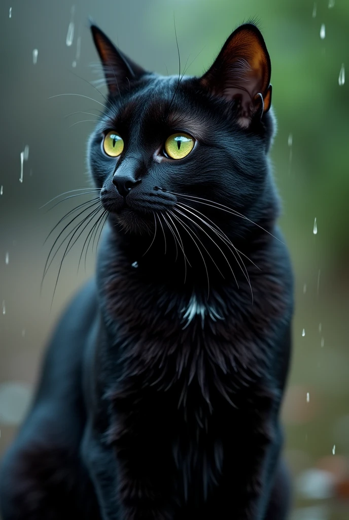 there is a Black cat that is sitting in the rain, Cat Picturesgraphy, Black cat, Cat Pictures, High-quality portraits, Black cats, Beard, Cat Pictures, Detailed portrait shot, Cat portrait, Highly realistic photosgraph, Ultra-realistic painting, Ultra-realistic and elaborate, Highly realistic photos, Highly detailed portrait, Beautiful cat, Close-up portrait