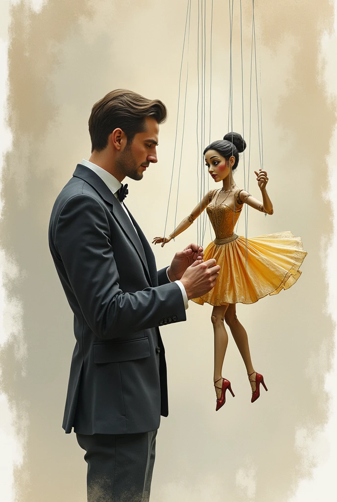 sketch, A man in a suit manipulating a puppet with strings,Puppeteer, Are standing, Natural, pastel, Detailed and realistic eyes, very handsome, beautiful, Marionette, The man is in the background、a puppet is dancing in the middle.