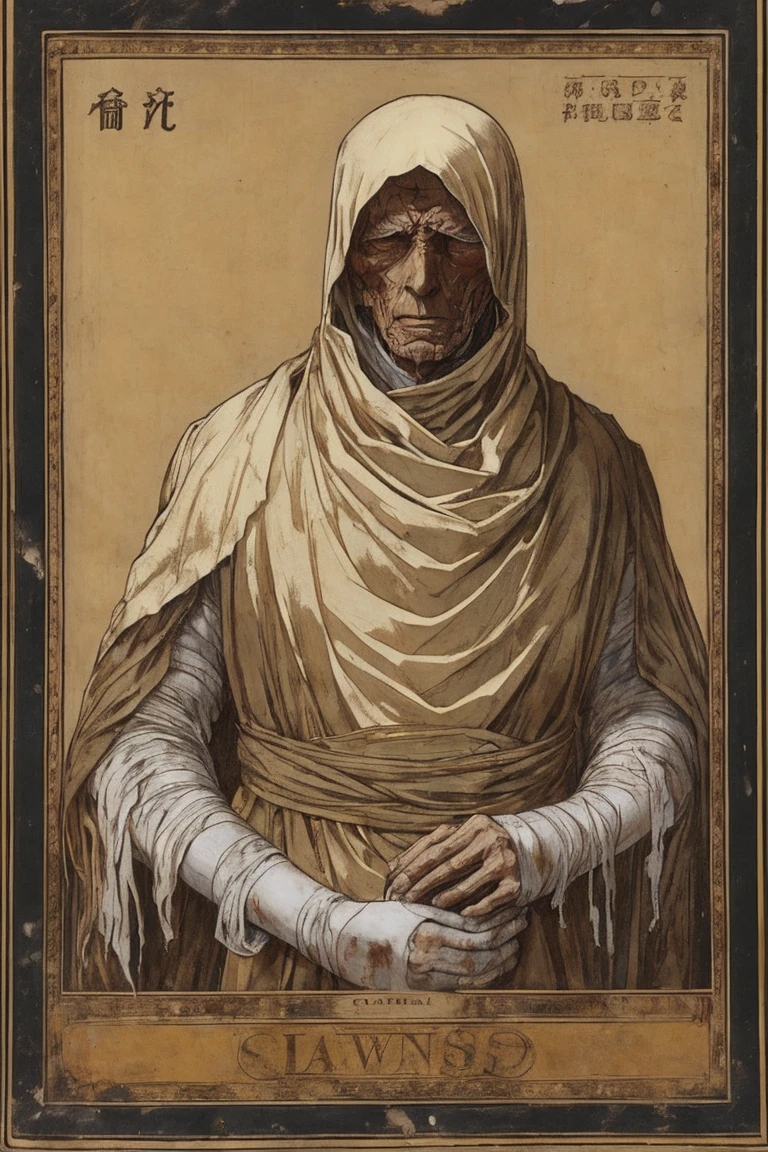 a cowering man, very frail, trying to hide face with gaunt hands, body wrapped yellowing bandages, skin hidden behind yellowed bandages, bandages covered in dried blood and puss, disgusting, dry as bone, desperate fleeting eyes, in pain, old bandages wrapped tightly