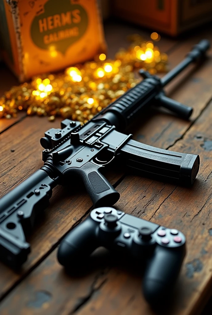 Photo of an ar15 weapon on an old desk with a play station 4 controller next to it and gold-bearing material in the back