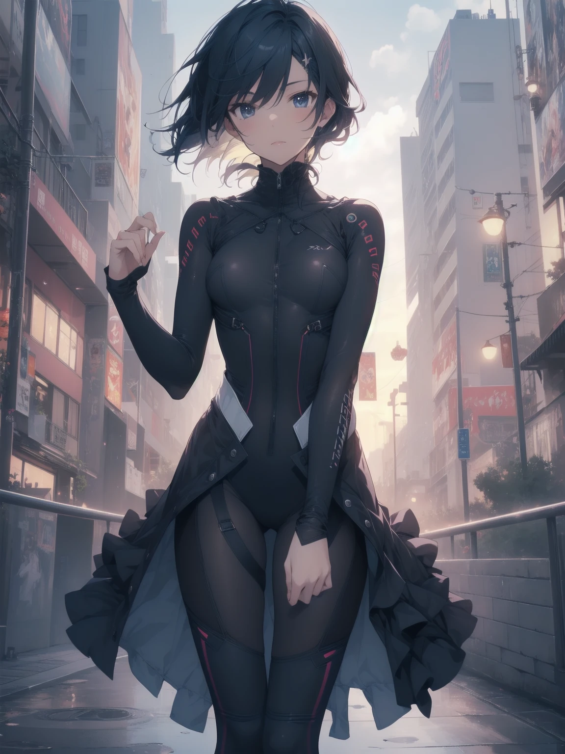 ultra-absurdres-Top quality by artist God, ultra-detailed, high resolution, anime moe artstyle, best anime 8k konachan wallpaper, pixiv contest winner, pool:2810, perfect anatomy,break, 1girl, (Please draw a girl sitting on skyscraper alone. )break,(Solo,little female, 11-year-old:1.3),Full limbs, complete fingers, cyberpunk, (very short hair), pixie cut, medium breasts, beautiful (well-shaped) breasts, groin, butt, small black eyes, beautiful detailed eyes, well-proportioned iris and pupils, highres detailed hair, expressionless, sweat, (bodysuit, plugsuit), (Detailed Lighting), (Detailed background), in the cityscape. break,super detailed skin, Best sexual lighting powered by famous artist, 8k,beauty illustration,photoshop_(medium),very aesthetic,break,((artist:izumi_tsubasu )), artist:clamp ,artist:carnelian ,artist:kantoku ,
