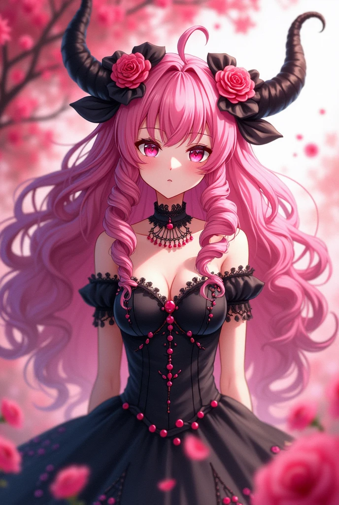 A 20 year old long pink mix black (gradations) haired woman, curly hair style, pink jewelry eyes, with dragon horns on top of her head and pink roses flowers against her horns. look graceful yet intimidating. wearing black fancy dress with beautiful motifs. make it with pink flower background and in anime style