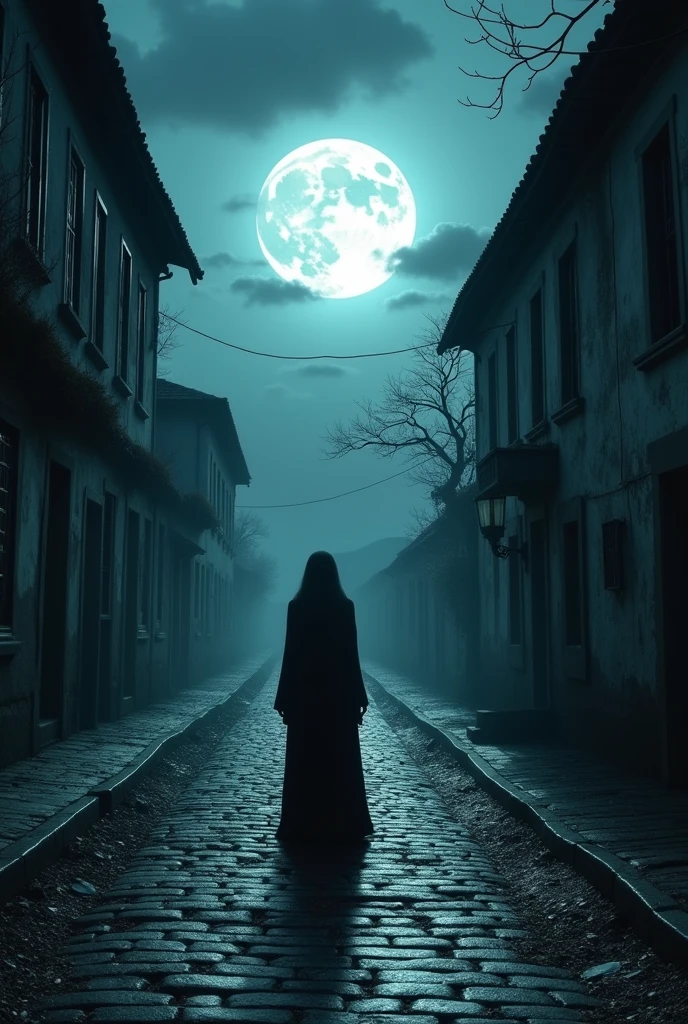 The empty town street under the full moon, with a dark figure on the horizon, her eyes gleaming ominously.