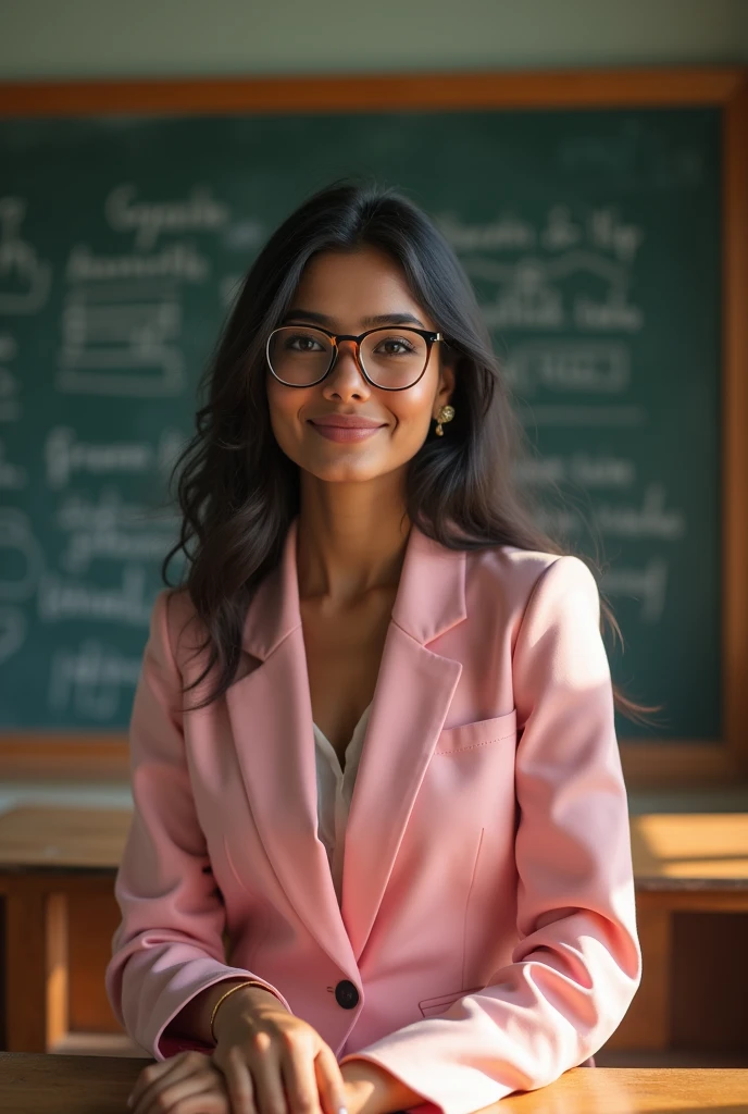 best quality)), ((masterpiece)), (high 8k detailed), Beautiful indian woman, thin pink colour suite,a woman in glasses sitting in front of a blackboard with a chalkboard, attractive girl, very beautiful girl, with a seductive smile, sexy girl, girl next door innocent look, friendly seductive smile, young and cute girl, cute seductive smile, seductive smile, indi sulta, handsome girl, hot with shining sun, teasing smile, beautiful girlfriend