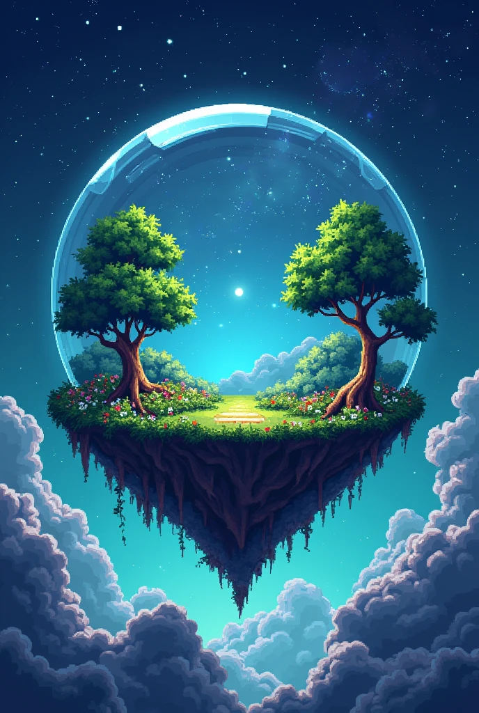 A glass dome in space in pixel art