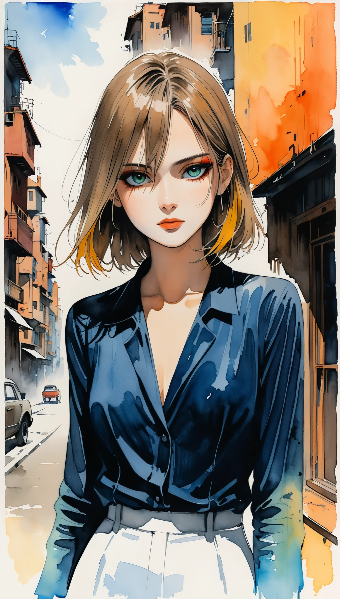 in style of Santiago Caruso,in style of Hans Hartung,in style of Alex Andreev
(1girl,character conceptual design,half body),gravure_pose,transparent watercolor,acrylic gouache,flat_color,detailed characters,perfect face,vivid eyes and makeup,legendary urban background