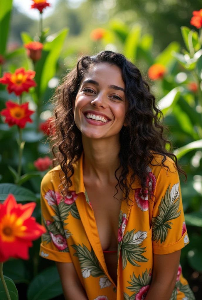 A Brazilian woman in a lush tropical garden, wearing an open shirt with a floral print, with a close-up capturing the harmonious beauty between her breasts and the natural flowers, showing off your natural charm and outgoing personality.