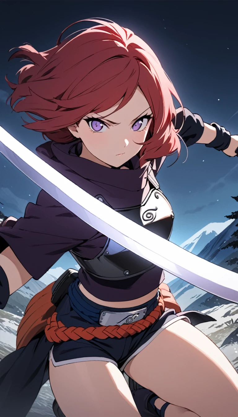 (masterpiece, Best Quality, high quality), in front of the viewer,volumetric lighting, illustration, beautiful, perfect lighting, perfect shadows,Maki Nishikino , cowboy shot, (armor:1.2), Short shorts, thighs, Alone, purple eyes ,Red hair ,in the mountains,under the moonlight, dynamic pose, holding the sword, Ino Yamanaka (Naruto)