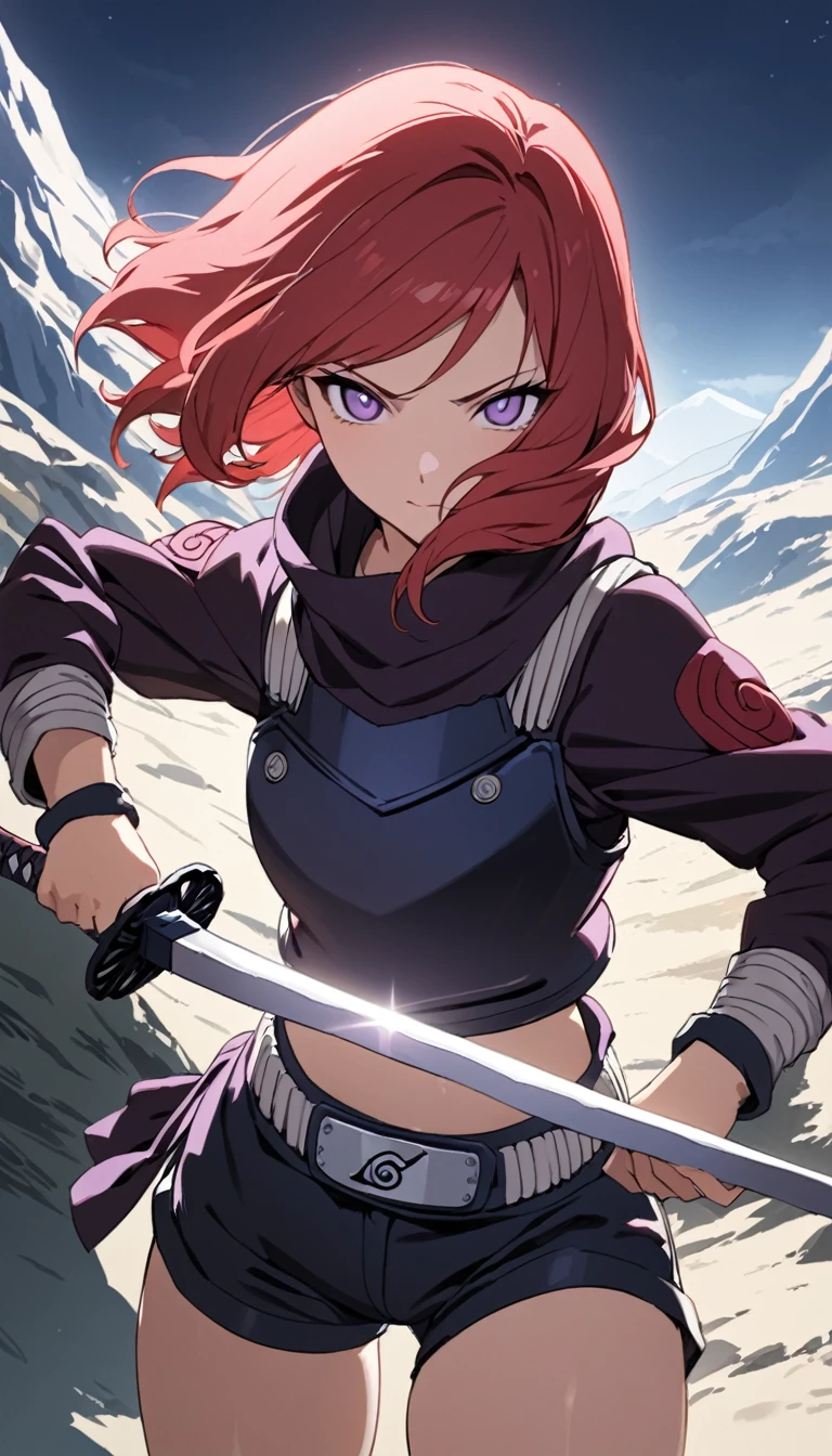 (masterpiece, Best Quality, high quality), in front of the viewer,volumetric lighting, illustration, beautiful, perfect lighting, perfect shadows,Maki Nishikino , cowboy shot, (armor:1.2), Short shorts, thighs, Alone, purple eyes ,Red hair ,in the mountains,under the moonlight, dynamic pose, holding the sword, Ino Yamanaka (Naruto)