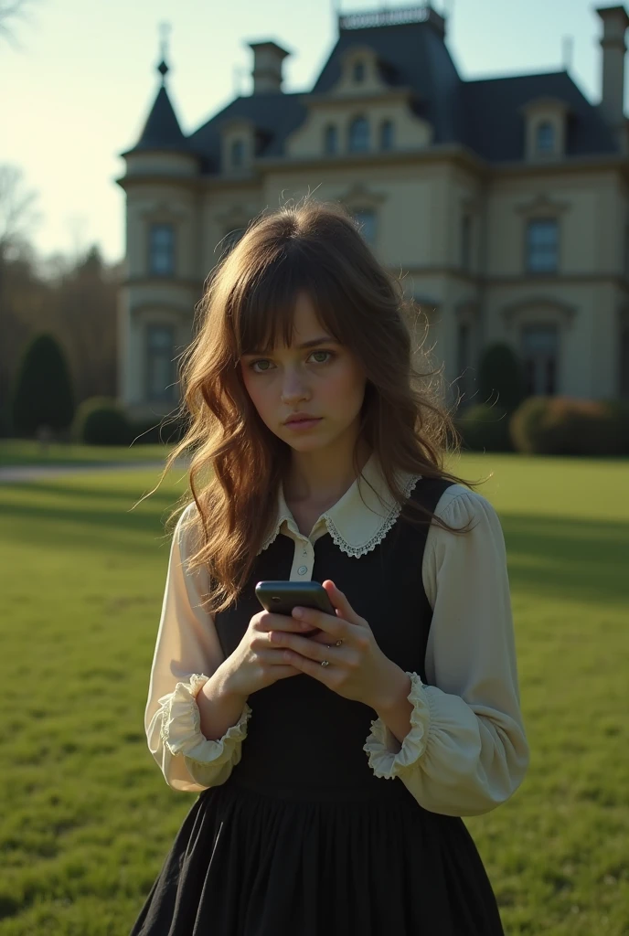 A girl with amber eyes, brown hair, wearing a black and white dress, holding a cell phone, with tears in her eyes, standing in front of a mansion.