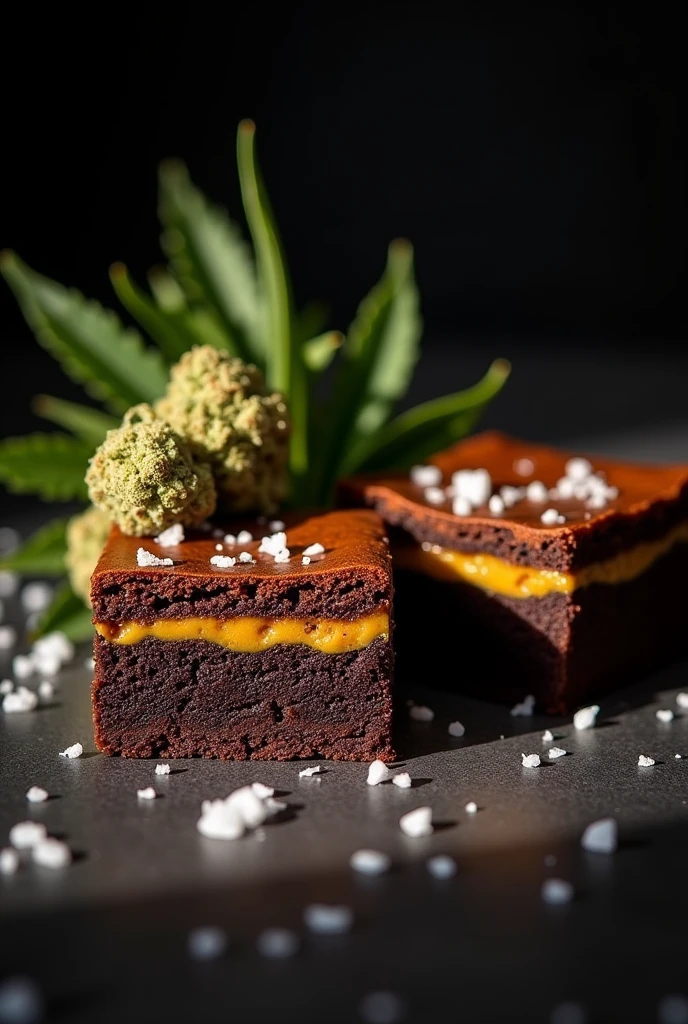 Two homemade traditional square Brawnis with arequipe filling in the middle of each one and next to it a cannabis flower, the background to be a dark one, to look like a photograph.