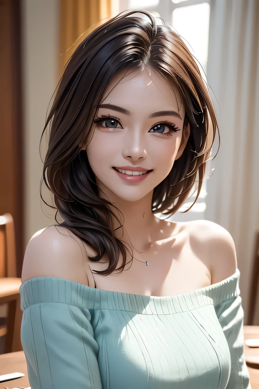 ((Realistic Light, masterpiece, Highest quality, Realistic, 8k, Tabletop: 1.3)), 1 person, Off-the-shoulder cut top: 1.3, Highly detailed face, fine grain, (eyelash), double eyelid, grin, (My Room), smile, (((beauty of saggy breasts))