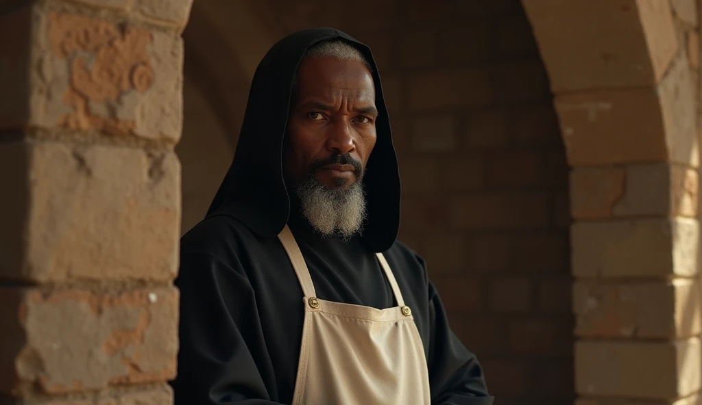 In a compelling YouTube thumbnail, a highly realistic Saint Benedict the Moor is depicted in the corner, with the background softly blurred to accentuate his presence. His facial features, radiating kindness and humility, reflect his deep devotion and gentle spirit. Clad in a simple, dark robe with a white apron, symbolizing his life of service, the focus on his serene expression and the texture of his garments creates an inviting and peaceful atmosphere. The thumbnail’s subtle light and detailed portrayal draw viewers in, emphasizing his role as a patron of African slaves and the poor, making the image both intimate and spiritually resonant.