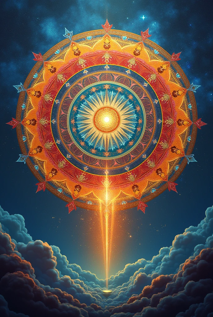 A mandala in the center of a circle, representing the totality of the human being. Inside the mandala, different colors and symbols representing biopsychosocial aspects, spiritual and cultural.