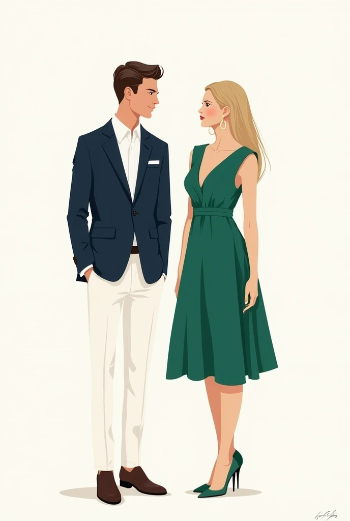 I need an image of the clothing to give references to the wedding guests for the dress code, which will be cocktail style. minimalist drawing. A Man and a Woman, that they don't see each other as a couple, only clothing models. Clothes are what matters