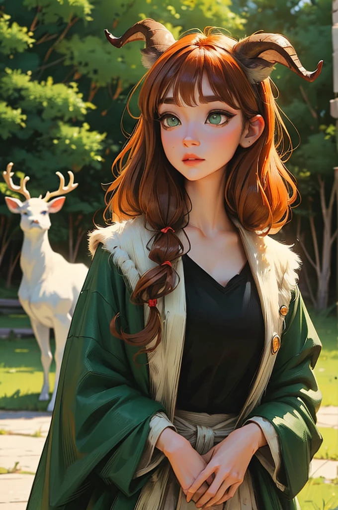 dungeons and dragons satyr. female. white deer horns. curly ginger hair. dark green eyes. casual clothes