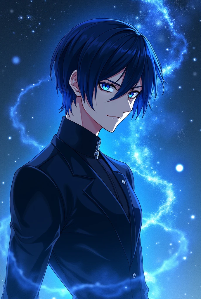 Please generate a Novel cover for me, with a MALE human character with black hair and a COBALT BLUE streak at the end of his hair and cobalt blue eyes, with a blue aura emanating from his body, wearing black clothes in anime style, with a starry sky and the novel's name written on the image (The Eminent Divine Spirit)