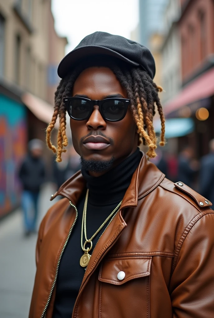 A brown-skinned man with dreadlocks tied up, half black and half blonde hair, wearing dark sunglasses with a white frame, a cap and a brown leather jacket. He is clean-shaven.