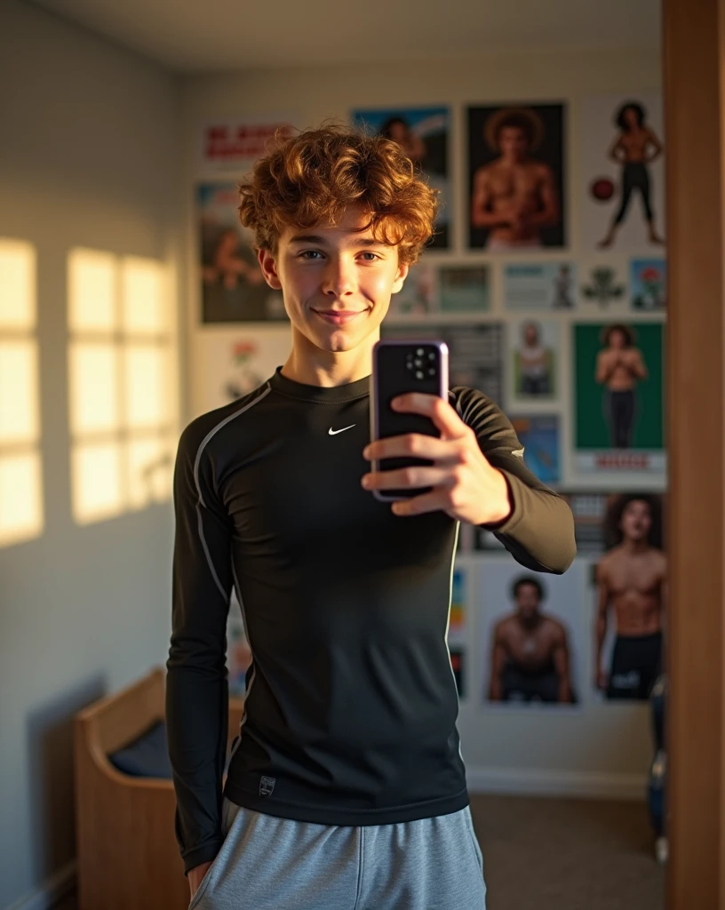 Make a snap styled selfie of a  boy  in the mirror, age:, cut handsome, pretty, brown fluffy hair, Nike pro compression shirt, grey sweat pants.