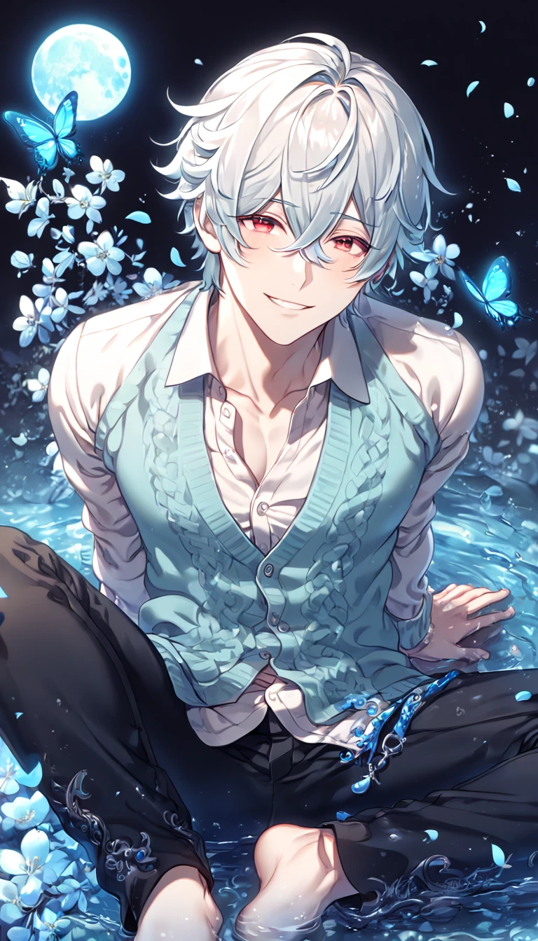 absurdres, highres, ultra detailed, HDR, master piece, best quality, extremely detailed, Shion, white hair, hair between the eyes, expressive red eyes, NO.6, solo, sexy man sitting, handsome, handsome smile, sensual, horny, white collared shirt, light turquoise sweater, black pants, fantasy, magical, blue moon, blue flowers, blue butterflies, blue petals, blossoms, water