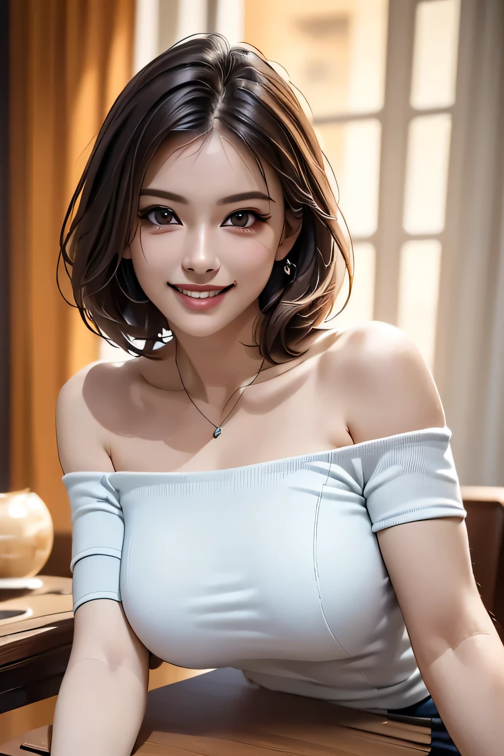 ((Realistic Light, masterpiece, Highest quality, Realistic, 8k, Tabletop: 1.3)), 1 person, Off-the-shoulder cut top: 1.3, Highly detailed face, fine grain, (eyelash), double eyelid, grin, (My Room), smile, (((beauty of saggy breasts))