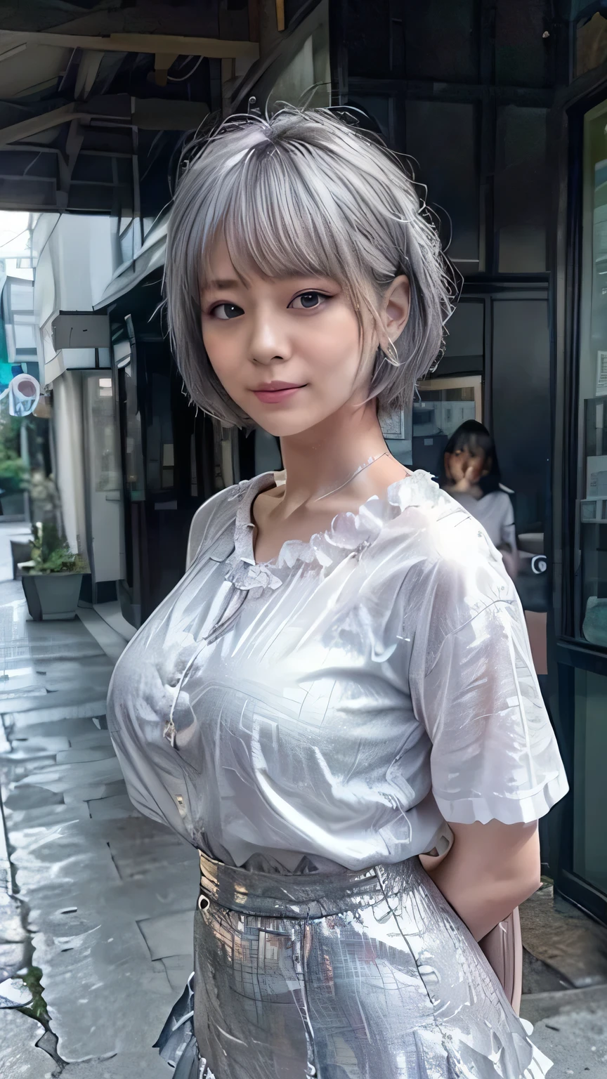 (Realistic、Like a photograph、Live Action、8k, Realistic, RAW Photos, Best image quality: 1.4), Single-lens reflex camera、RAW Photos, Highest quality, Realistic, Highly detailed CG Unity 8k wallpaper, Written boundary depth, Cinematic Light, Lens flare, Ray Tracing, Realistic background、A landmine girl waiting for someone、((Wearing a white blouse:1.4)、((wear a frilly skirt:1.1、Sheer blue panties with meticulous attention to detail)、Large Breasts))、((Ultra-Dense Skin))、 1 female,cute Japanese、standing front of train station, Waiting for someone while looking at a smartphone、The whole body is visible:1.5、Wearing sneakers:1.1、((Silver Hair:1.5)、short hair:1.2、My hair is blowing in the wind)、stylish ambiance、Very detailed and perfect costume、(White skin)、Precise and beautiful legs:1.1、View from below、Highly detailed face