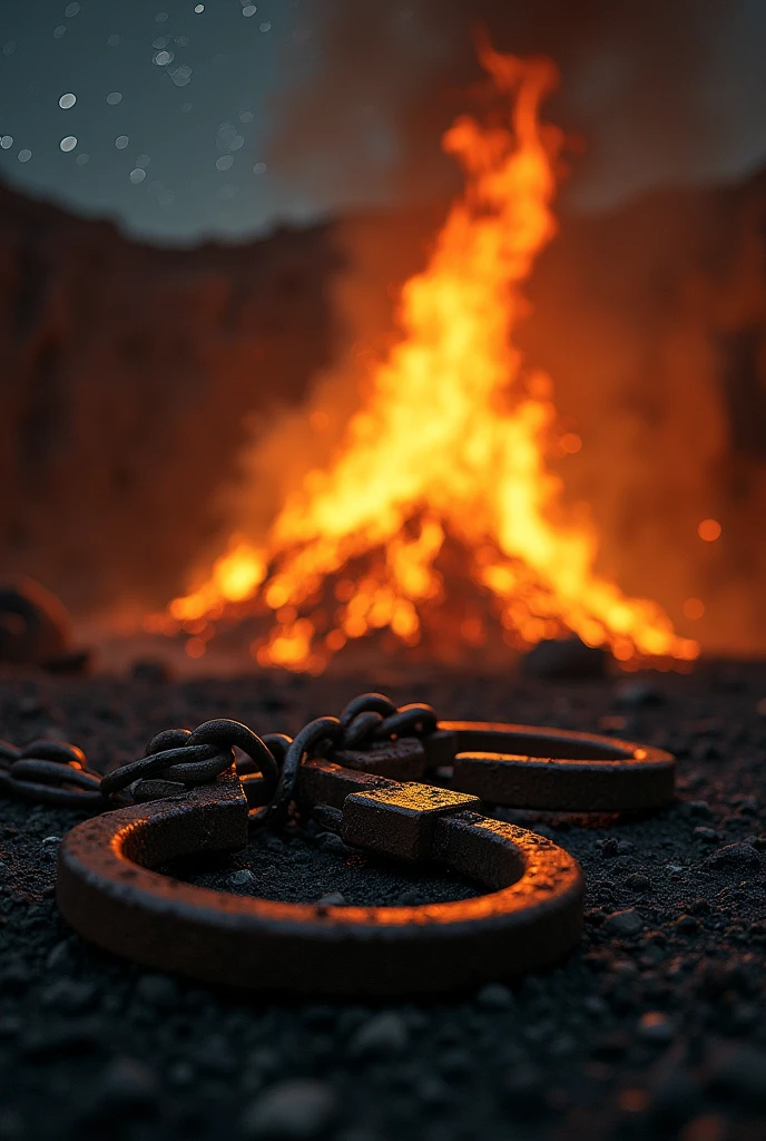 Broken shackles in front of the fire