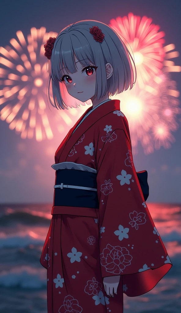 Not an anime, (RAW Photos, Highest quality, masterpiece: 1.2), (Realistic: 1.4), Best lighting, 20-year-old, (Light grey hair, Short Bob Cut, Divide your hair into 3/7ths, hair above one ear, :1.3), (Symmetrical eyes, alone, Mid-chest, Detailed skin, Like a model:1.2), View your viewers, (Light grey hair, Cowboy Shot, ((Countless fireworks with the ocean as a backdrop)), Are standing, ((A red and white yukata with a beautiful red camellia flower pattern, Black belt tightening, Hair accessories to match your yukata, Midnight, Long Shot)),:1.25)