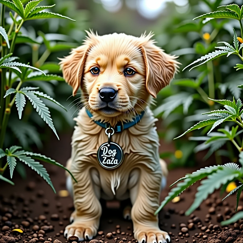 Puppy in a cannabis plantation with a pendant that reads DogZaZa
