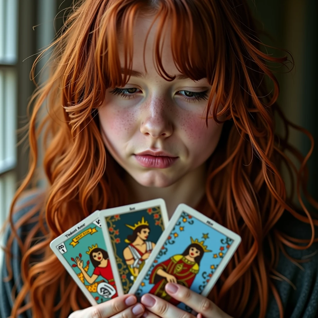 Red-haired girl with brown hair, mouth closed, holding tarot cards in her hand.