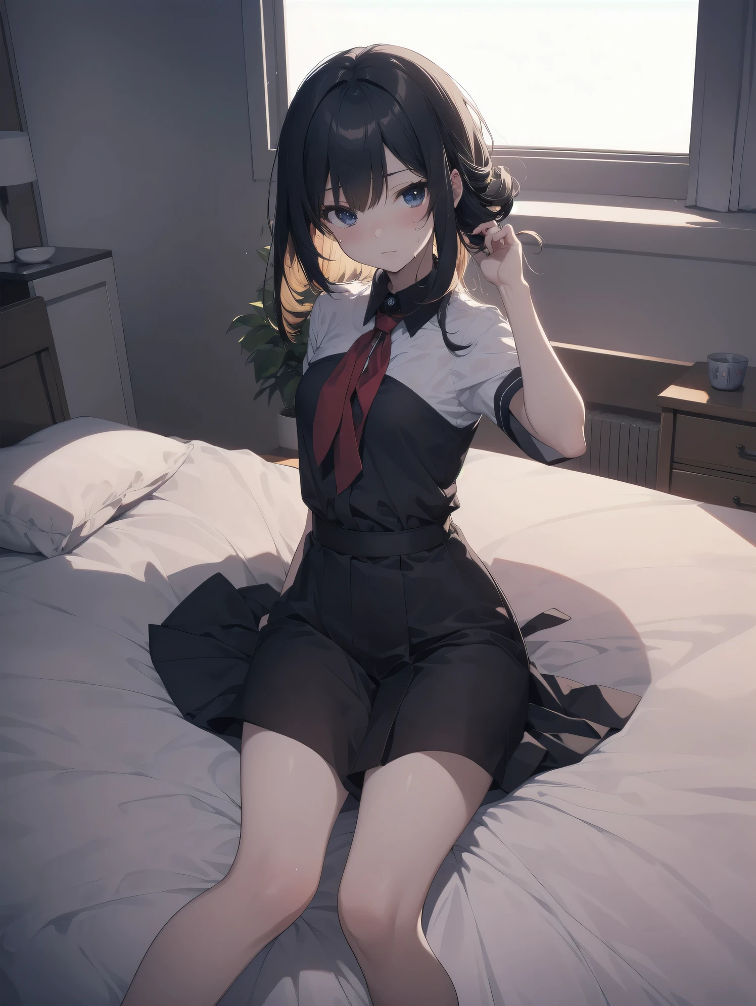 Small Anime girl, wearing bra and panty only, black hair, pigtails, spreading her legs, laying down on a bed, her pussy is wet, she's sweating, small , Innocent 