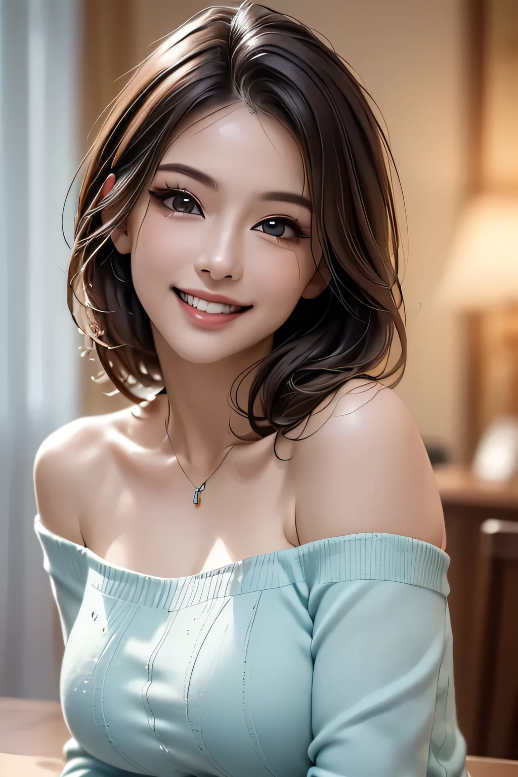 ((Realistic Light, Highest quality, 8k, Tabletop: 1.3)), 1 girl, Slim body beauty: 1.4, Brown Hair, (((Extra Large: 1.3)), Off-the-shoulder cut top: 1.3, Highly detailed face, Beautiful Eyes, double eyelid, My Room, smile, Cleavage, Saggy breasts, (((beauty of Saggy breasts))