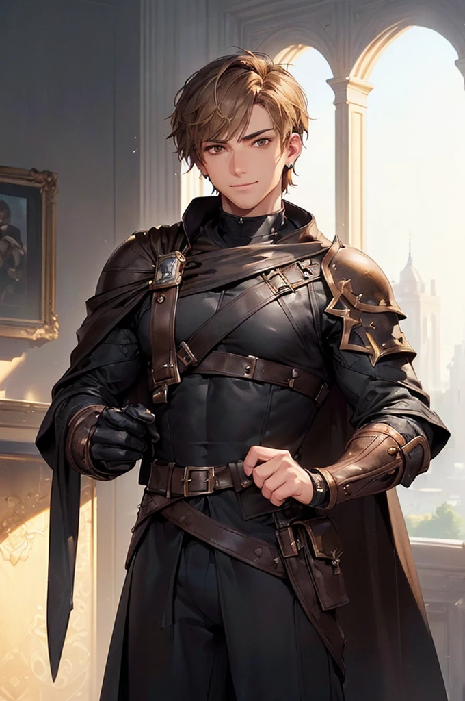 (((masterpiece; best quality: 1.2))), (detailed eyes: 1.3), ((1 young man)), ((solo)), (brown eyes: 1.4), (body shape; lean, masculine, manly face: 1.3), (short blond hair: 1.3), (clear background: 1.2), ((depth of field)), (equipment: masculine adventurer garb + practical hard-leather hunter protection + black tunic + black cape +black stud earring: 1.3), (anime illustration: 1.2), (background composition; fantasy tavern interior + furniture: 1.1), (handsome: 1.1), (shot composition; standing + centered on face + bust close-up: 1.5), (facial expression; calm + smile: 1.2)