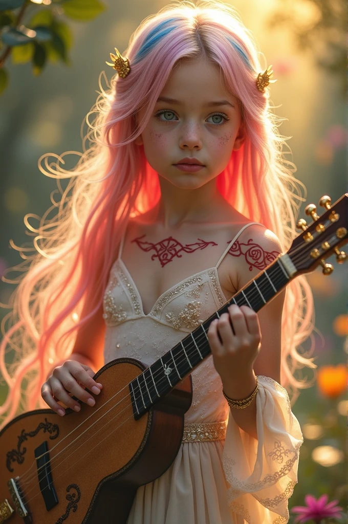 A very beautiful and young girl, Her hair is extremely pink and she has two blue streaks, Your skin is white and delicate, and it has red magical symbols on your shoulders and neck that are like tattoos., Her clothes are very elegant and chic, demonstrating wealth, She is the daughter of a fairy and carries with her her lute and two beautiful delicate swords. She is a bard and loves music., She always has her mandolin in her hands and her beautiful swords on her back and her face has a glow on her cheeks and under her eyes