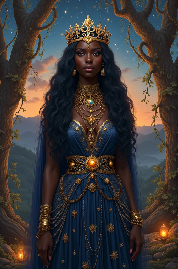 Oxum, deusa africana, do amor e da prosperidade, in flowing dark blue dress, linda e poderosa, standingn, corpo inteiro.  Ao fundo adornos e elementos dourado. Mystical myth style. poder e magia.