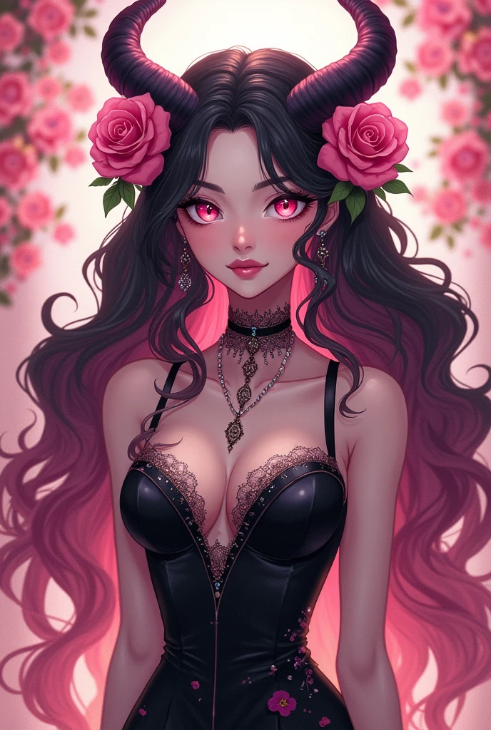 A 20 year old long pink mix black (gradations) haired woman, curly hair style, pink jewelry eyes, with dragon horns on top of her head and pink roses flowers against her horns. look graceful yet intimidating. wearing black fancy dress with beautiful motifs. make it with pink flower background and in anime style