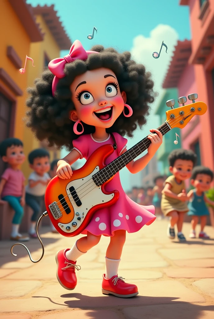  Xiquinha, the character from El Chavo del Ocho, playing bass with her classic outfit. 


