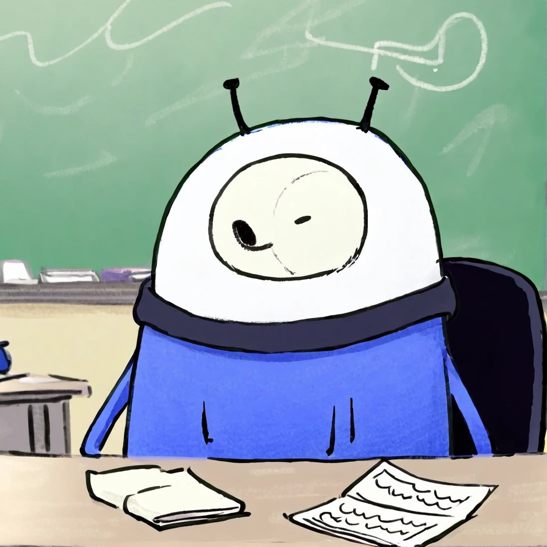 White Spike Beetle, Circle Eye, Zigzag Mouth, Fez Hat, blue Speedsuit, Black scarf, Desk in Classroom, doodle, doodleredm, by Kaeit VanDorn \(skchkko\)