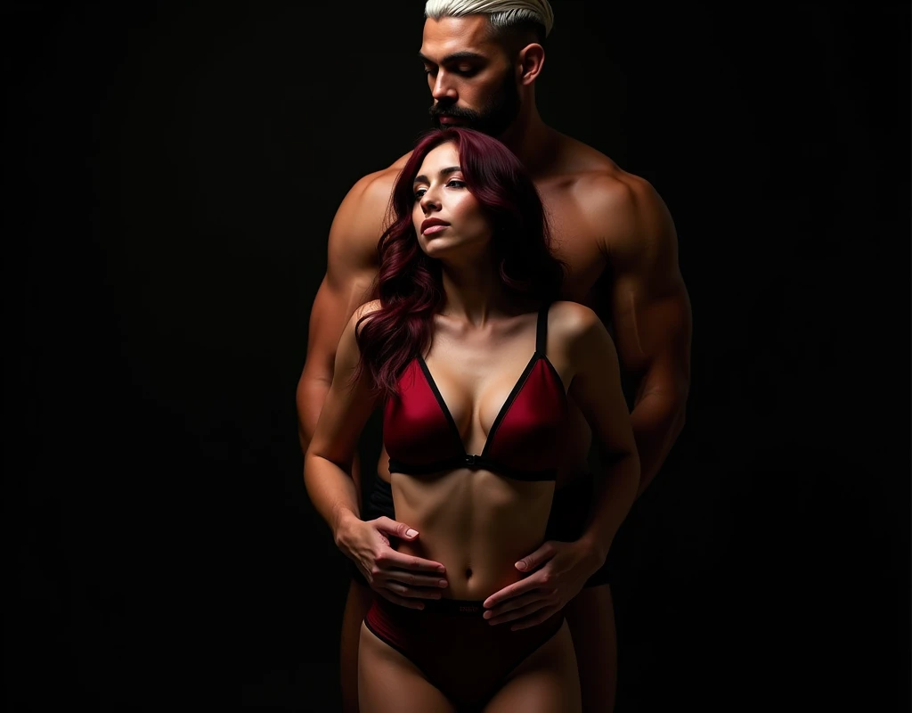 A short young woman, pale skin, vibrant maroon long wavy side-parted hair, red/black bra and red/black panties. Towering behind her, an extremely tall 33-year-old attractive Arabic male model, thin lean figure, short platinum blond textured short cut swept-back, long black stubble, tan-brown skin, lean body, hands on her waist. Inside a black modern bedroom, low lighting