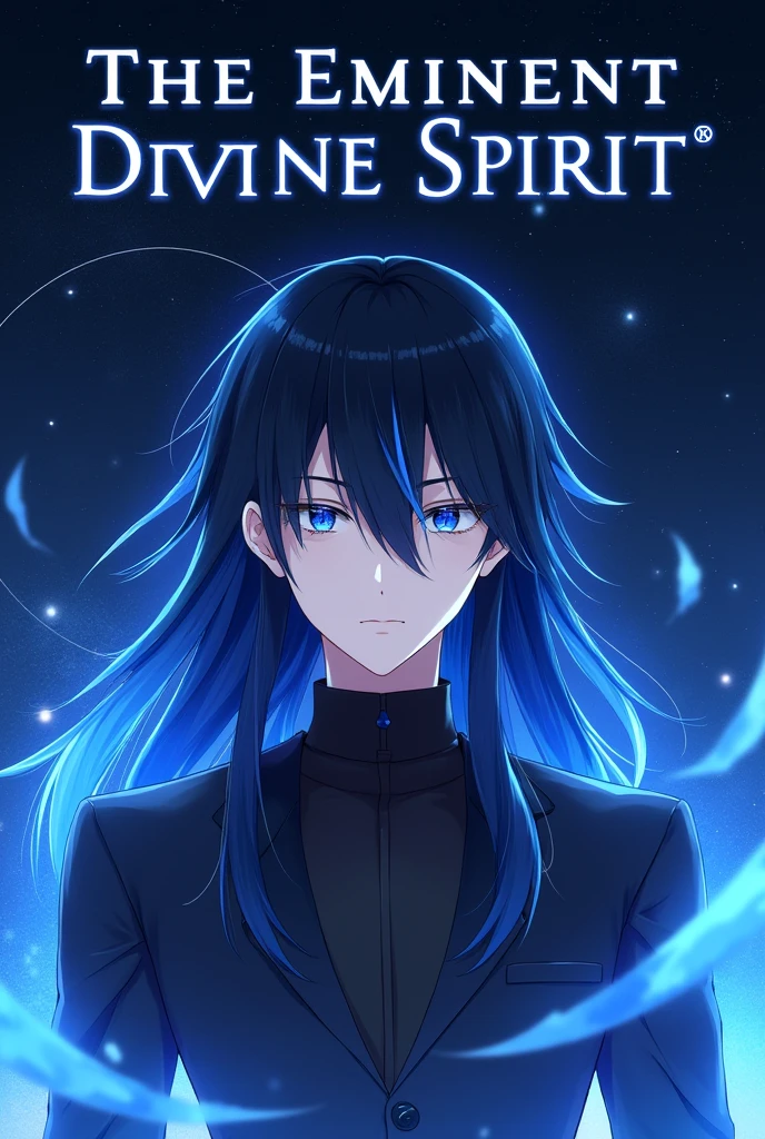 Please generate a Novel cover for me, with a MALE human character with black hair and a COBALT BLUE streak at the end of his hair and cobalt blue eyes, with a blue aura emanating from his body, wearing black clothes in anime style, with a starry sky and the novel's name written on the image (The Eminent Divine Spirit)