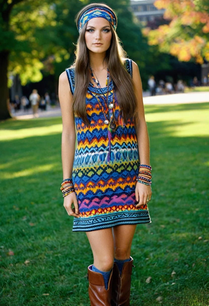 America in the 1970s, a hippie, white female college student who is a no-bra activist, an intellectual at Columbia University, small breasts, long straight brunette hair, intelligent beauty, psychedelic fashion, long eyelashes, heavy makeup, a headband with a psychedelic pattern, she is heavily influenced by rock music, a super-mini dress with a flashy print, a long vest knitted with a psychedelic pattern, thick-soled boots, the background is the grass of a university campus, the background is blurred, photo noir, the camera is detailed, the colors are intense, the shadows are deep, professional lighting, professional camera,