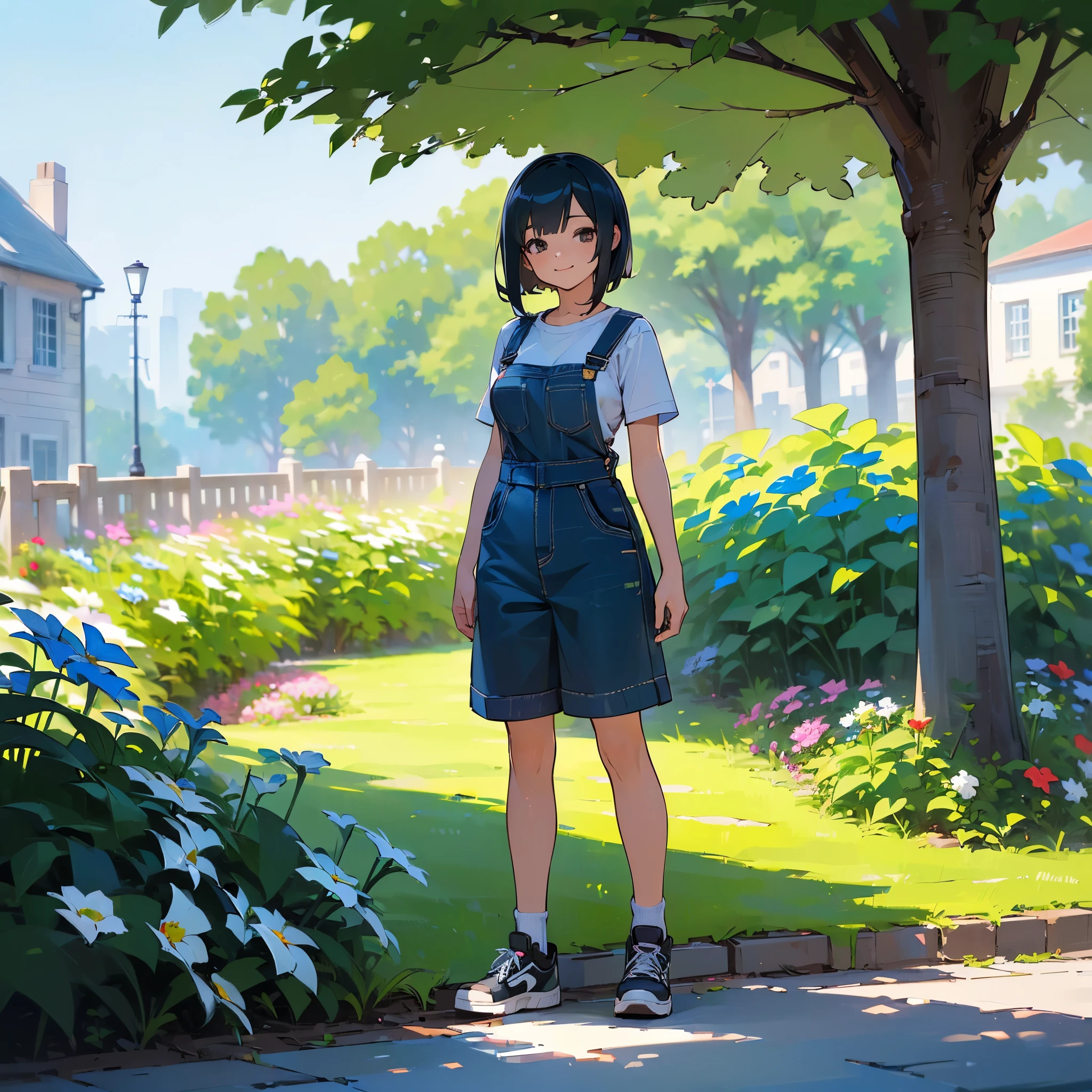 (high quality, High resolution, Very detailed, reality:1.37), Peaceful atmosphere, (Outdoor, garden),  girl standing alone, (my breasts are big.), Beautiful details, Cute Smile, (Black bob hair), Short sleeve shirt, Overalls, Blue socks, sneakers.